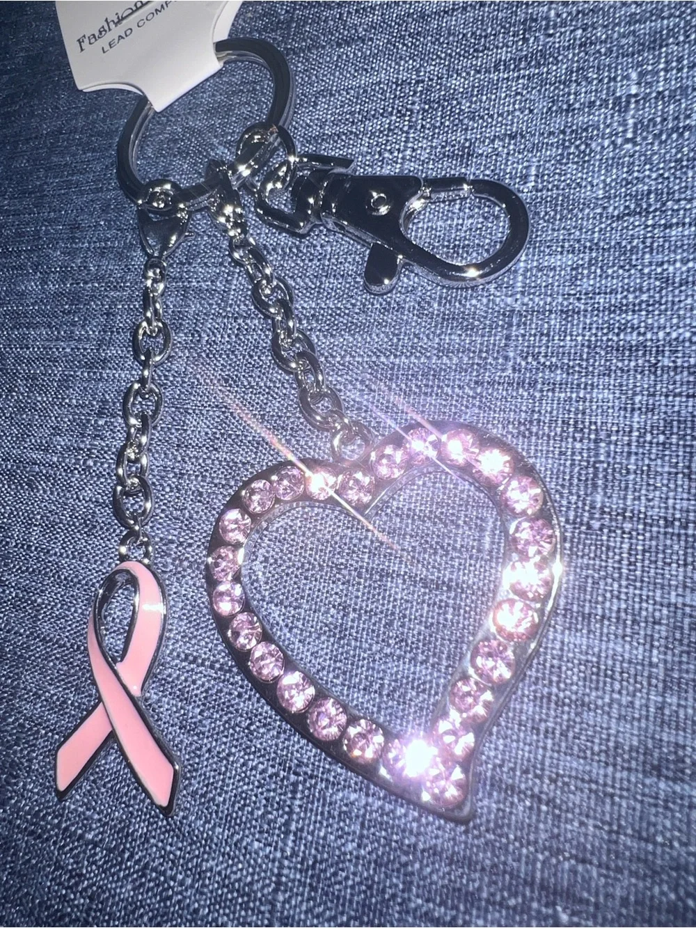 Fashion Jewelry Pink Ribbon & Pink Rhinestone Heart Charm Keyring